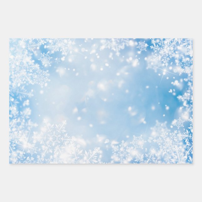 White Snowflakes over Blue Background Winter Wrapping Paper Sheet (Front)