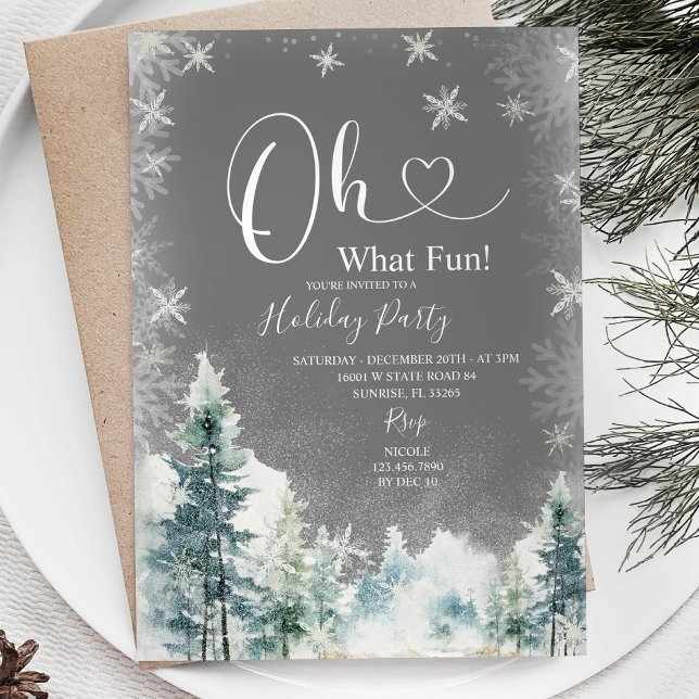 White Snowflakes & Pine Trees Holiday Party Invitation (Creator Uploaded)