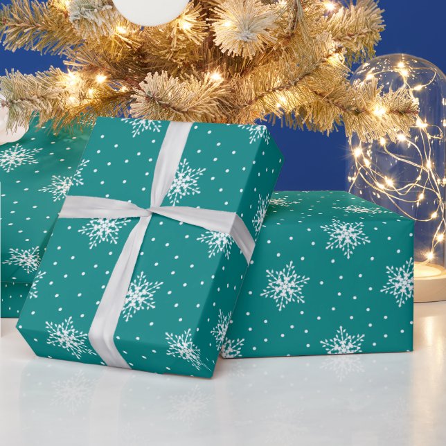 White Snowflakes Polka Dots Teal Christmas Wrapping Paper (Holidays)