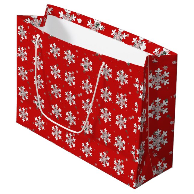 White Snowflakes Red    Large Gift Bag (Front Angled)