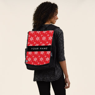 White Snowflakes, Red, Your name, Personalise Backpack