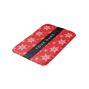 White Snowflakes, Red, Your name, Personalise Bath Mat