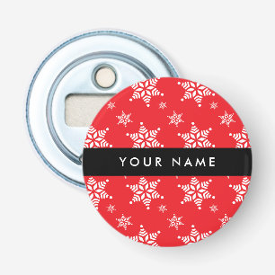 White Snowflakes, Red, Your name, Personalise Bottle Opener