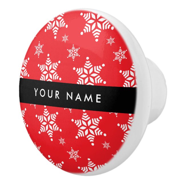 White Snowflakes, Red, Your name, Personalise Ceramic Knob (Right)
