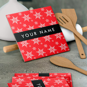 White Snowflakes, Red, Your name, Personalise Ceramic Tile