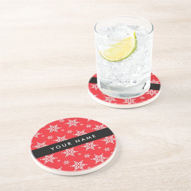 White Snowflakes, Red, Your name, Personalise Coaster (Side)