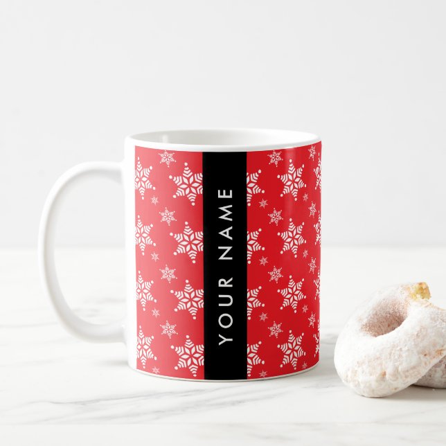 White Snowflakes, Red, Your name, Personalise Coffee Mug (With Donut)