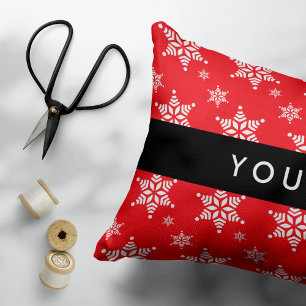 White Snowflakes, Red, Your name, Personalise Decorative Cushion