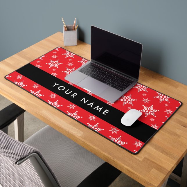 White Snowflakes, Red, Your name, Personalise Desk Mat (Office 2)