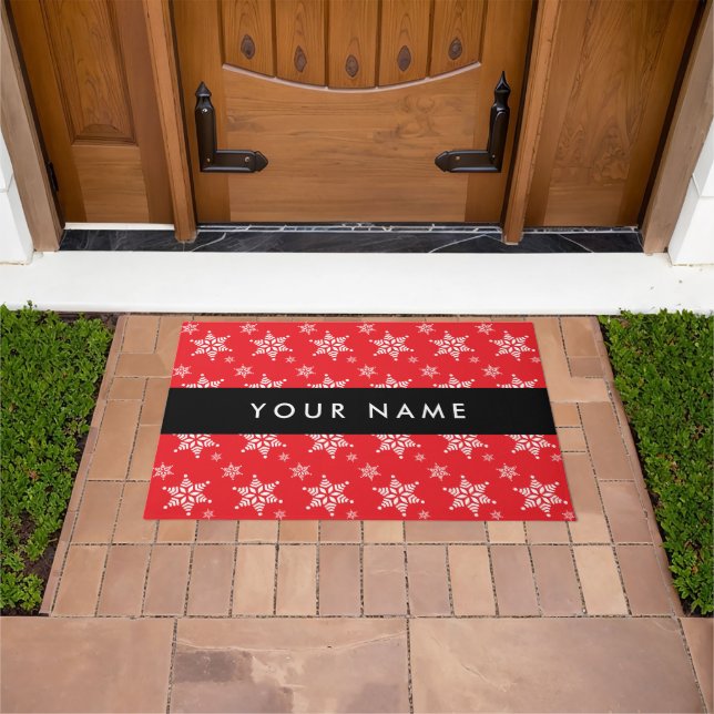 White Snowflakes, Red, Your name, Personalise Doormat (Outdoor)
