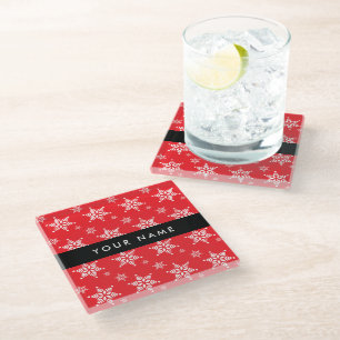 White Snowflakes, Red, Your name, Personalise Glass Coaster