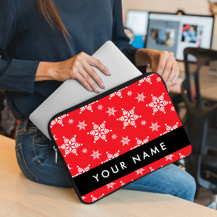 White Snowflakes, Red, Your name, Personalise Laptop Sleeve