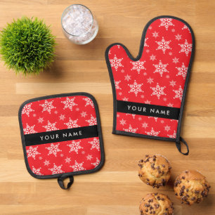 White Snowflakes, Red, Your name, Personalise Oven Mitt & Pot Holder Set