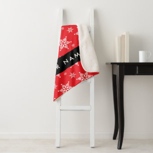White Snowflakes, Red, Your name, Personalise Sherpa Blanket
