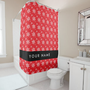 White Snowflakes, Red, Your name, Personalise Shower Curtain