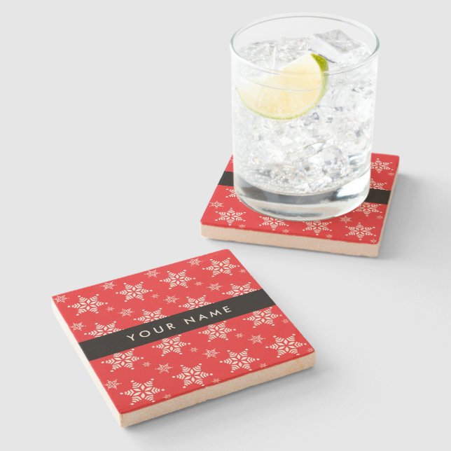 White Snowflakes, Red, Your name, Personalise Stone Coaster (Side)