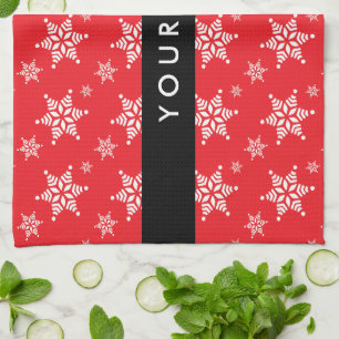 White Snowflakes, Red, Your name, Personalise Tea Towel