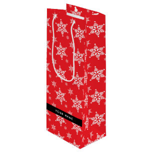 White Snowflakes, Red, Your name, Personalise Wine Gift Bag