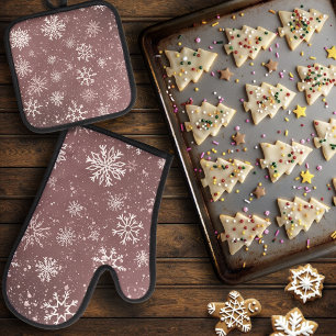 White Snowflakes Rose Pink Oven Mitt & Pot Holder Set