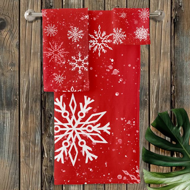 White Snowflakes Ruby Red Bath Towel Set (Creator Uploaded)