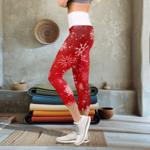 White Snowflakes Ruby Red Capri Leggings