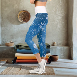 White Snowflakes Sapphire Blue Capri Leggings
