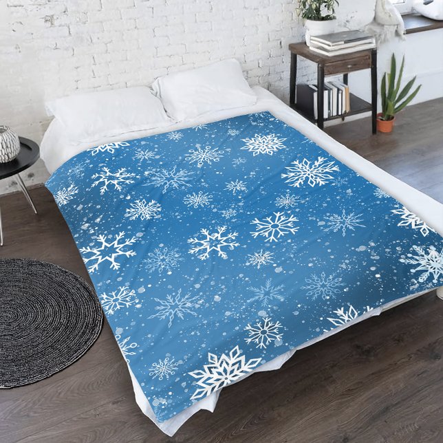 White Snowflakes Sapphire Blue Fleece Blanket (Creator Uploaded)