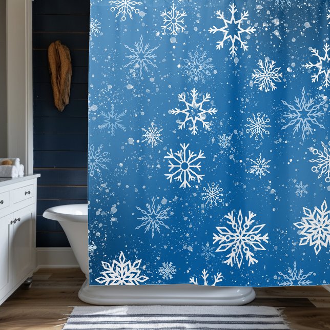 White Snowflakes Sapphire Blue Shower Curtain (Creator Uploaded)