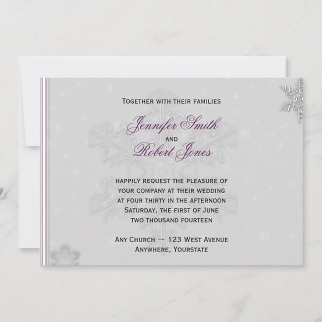 White Snowflakes Silver Purple Wedding Invitation (Front)