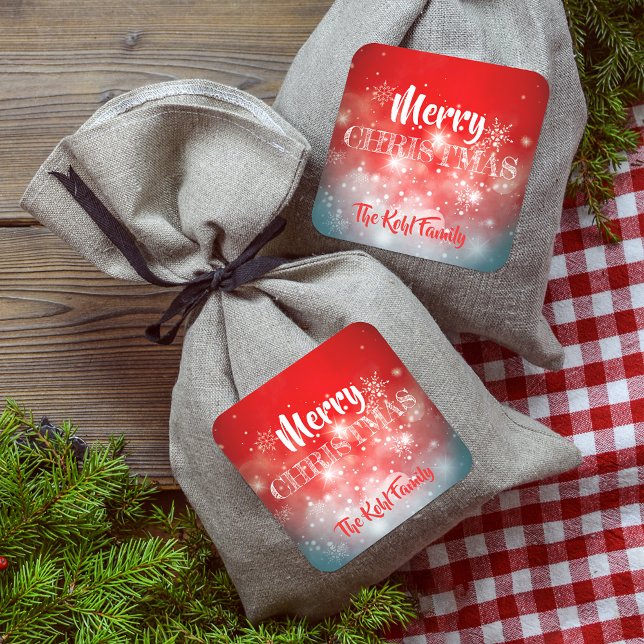 White Snowflakes Sparkles and Bokeh on Red Square Sticker (Creator Uploaded)