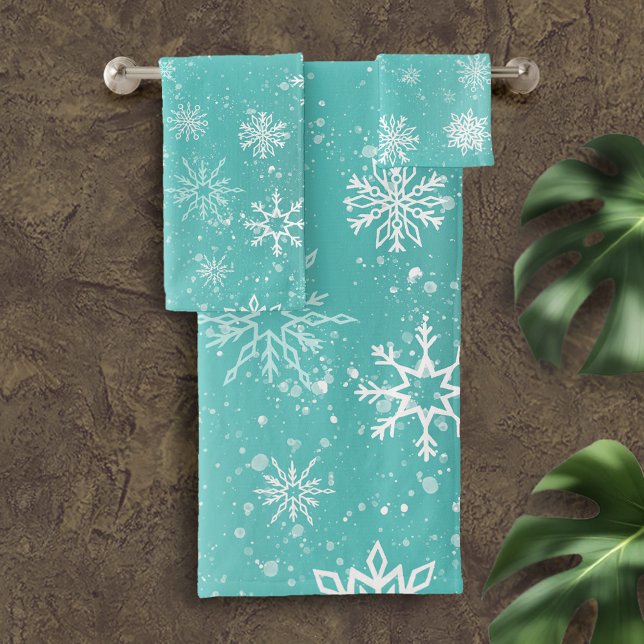 White Snowflakes Teal Bath Towel Set (Creator Uploaded)