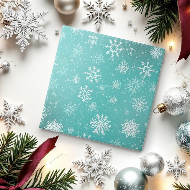 White Snowflakes Teal Ceramic Tile (Creator Uploaded)