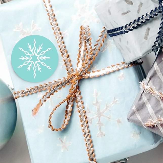 White Snowflakes Teal Classic Round Sticker (Creator Uploaded)