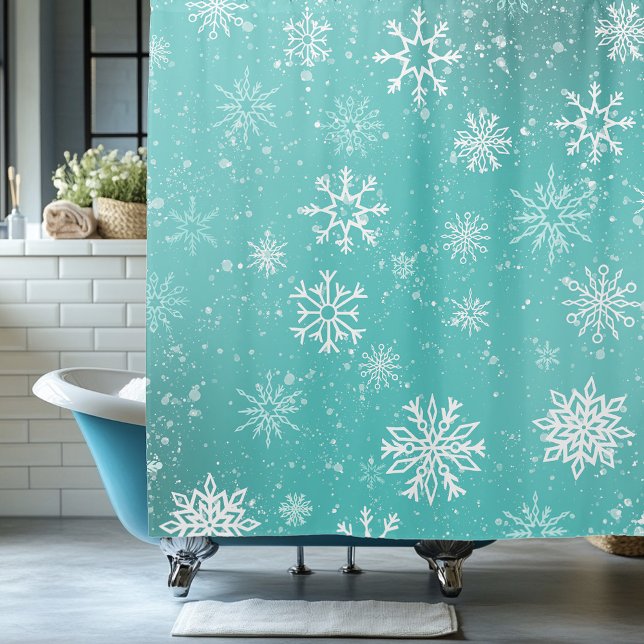 White Snowflakes Teal Shower Curtain (Creator Uploaded)