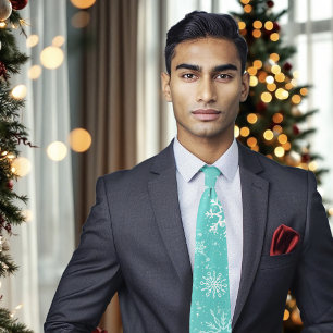 White Snowflakes Teal Tie
