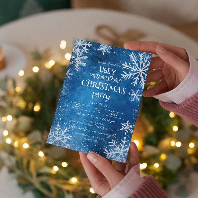  White Snowflakes Ugly Sweater Christmas Party Invitation (Creator Uploaded)