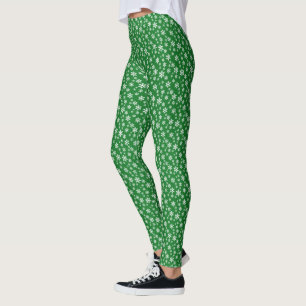 White Snowflakes w/Green Background Leggings