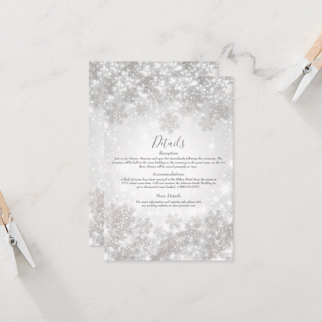 White Snowflakes Winter Wonderland Wedding Details Invitation (Front/Back In Situ)