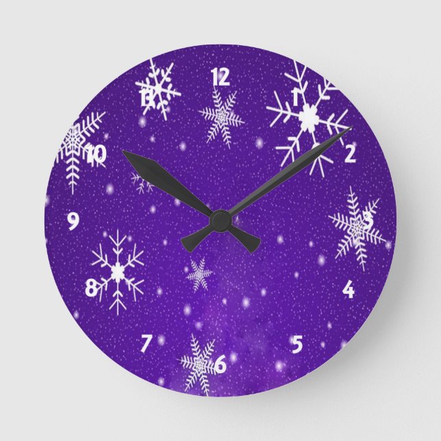 White Snowflakes with Blue-Purple Background Round Clock (Front)