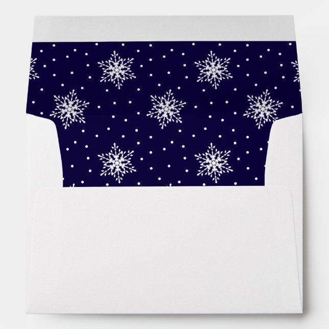 White Snowflakes with Polka Dots on Navy Blue Envelope (Back (Bottom))
