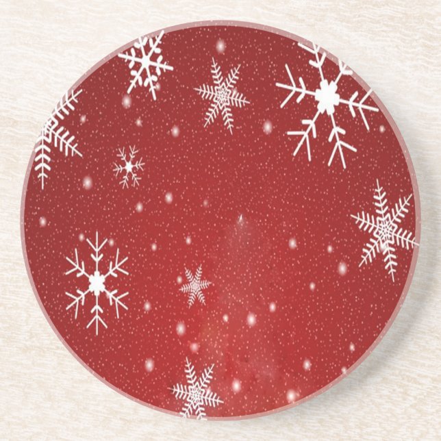 White Snowflakes with Red Background Coaster (Front)
