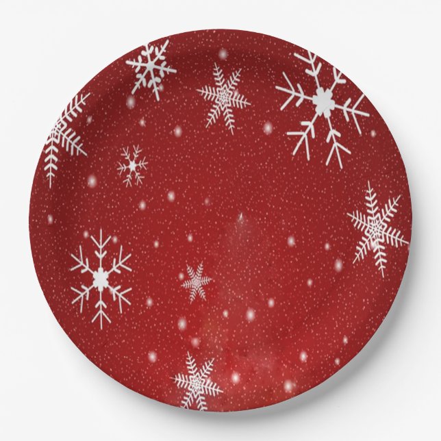 White Snowflakes with Red Background Paper Plates (Front)