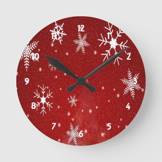 White Snowflakes with Red Background Round Clock (Front)