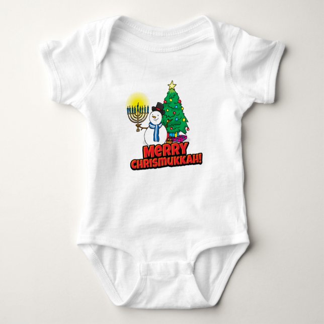 White Snowman with Menorah for Chrismukkah Baby Bodysuit (Front)