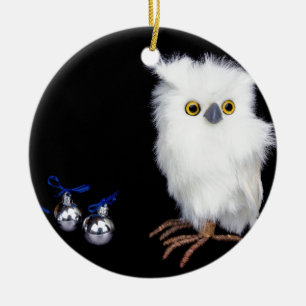 White snowy owl figurine with silver christmas ceramic tree decoration
