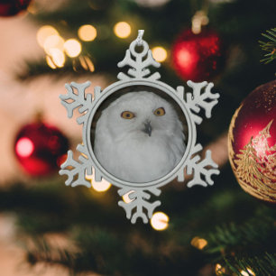 White Snowy Owl Photo Snowflake Pewter Christmas Ornament