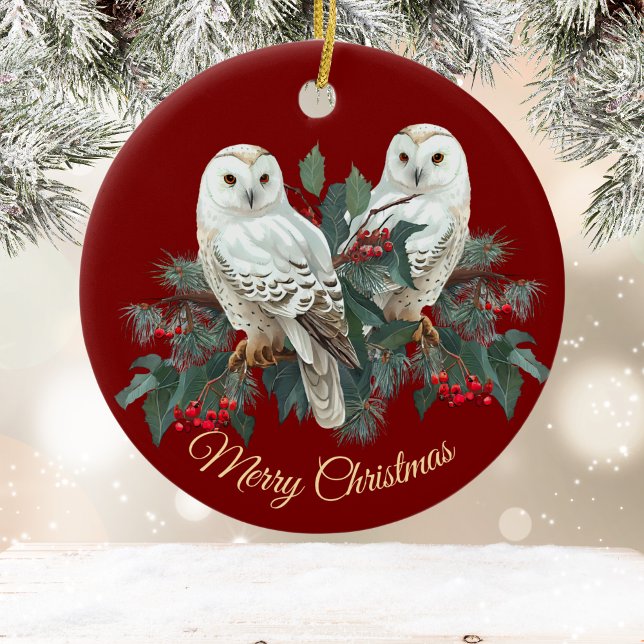 White Snowy Owls n Berries on Burgundy Christmas Ceramic Ornament (Creator Uploaded)