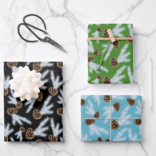 White Snowy Pine Branch with Cones Wrapping Paper Sheet