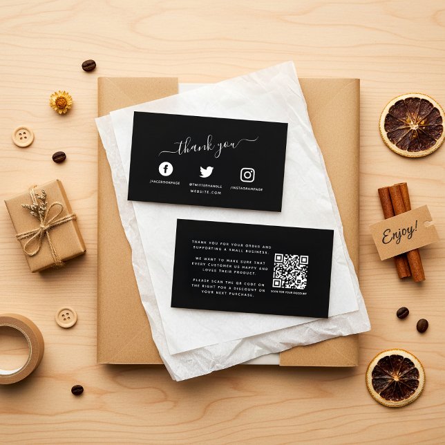 White Social media icons QR code thank you Enclosure Card (Black social media icons thank you order insert card with message and QR Code.)