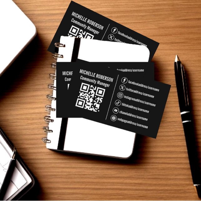 White social media icons QR on black background  Business Card (Elegant black business card with white social media icons and QR code.)
